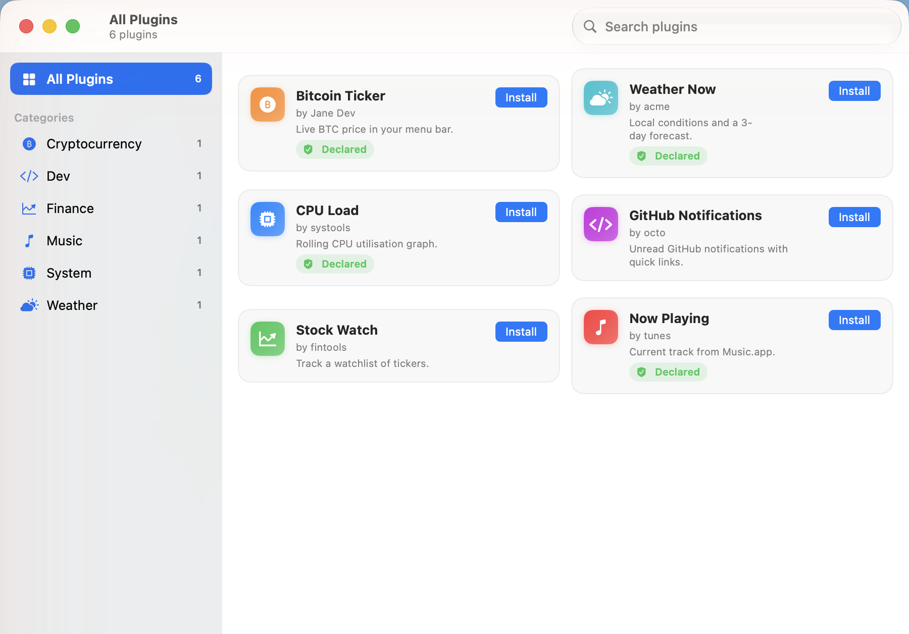 Vee's Discover window: a category sidebar on the left, and a grid of plugin cards on the right, each showing an icon, name, author, description, a trust chip, and an Install button.