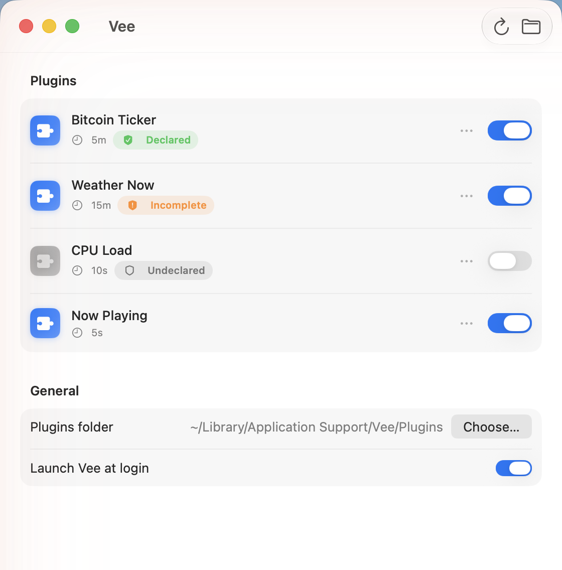 The Plugin Manager window: a list of installed plugins, each row showing a name, a trust badge, and a trailing on/off switch, with a General settings section below.