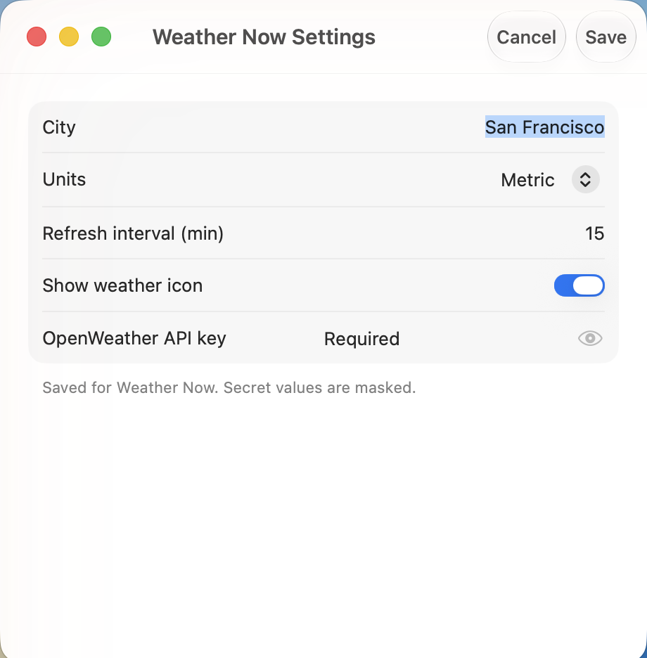 An auto-generated plugin settings form built from the plugin's declared preferences, including a masked secret field stored in the macOS Keychain.
