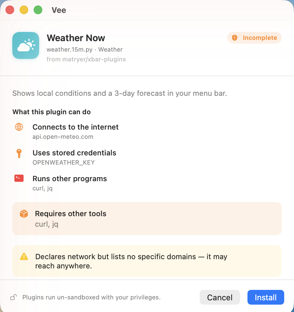 The install trust sheet titled 'What this plugin can do', listing plain-language capability rows with severity-colored icons, and a footer noting the plugin runs un-sandboxed. Cancel and Install buttons.